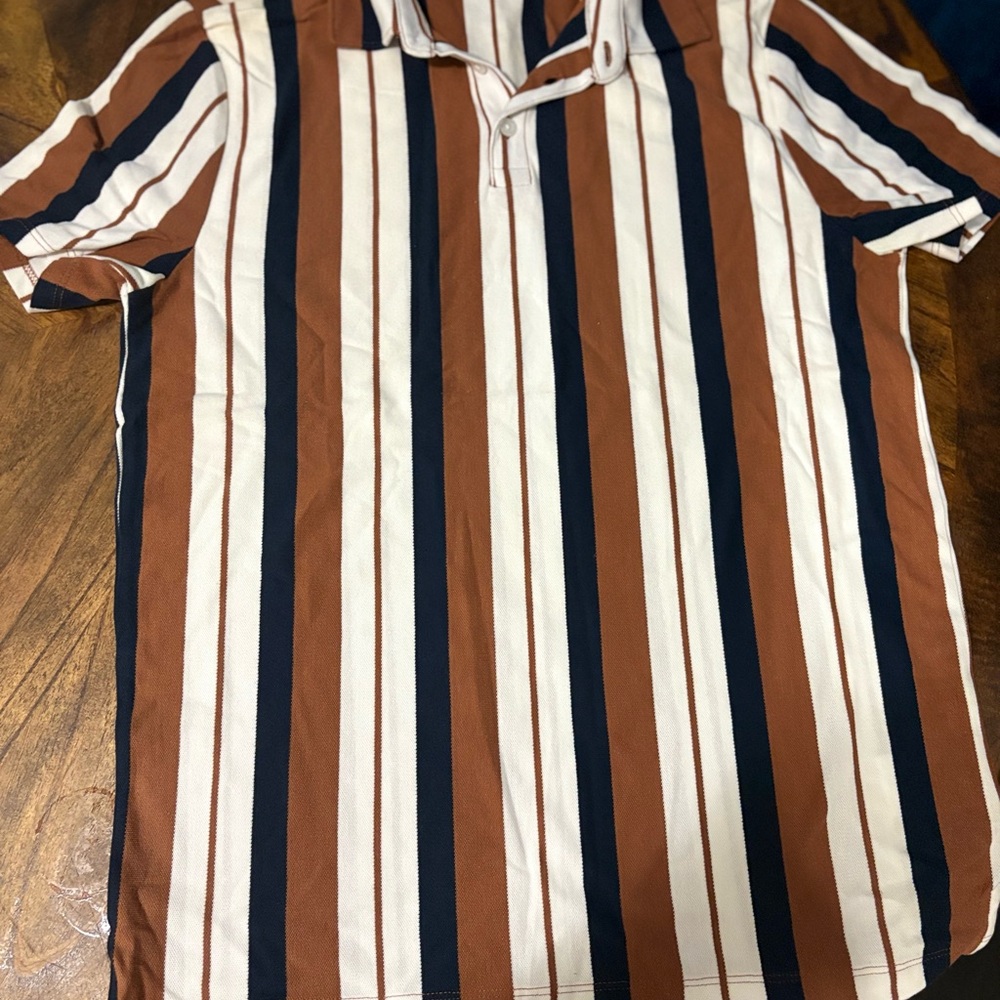 Express Brown, White, and Black Striped Polo Shirt#Old Money #Mens Fashion